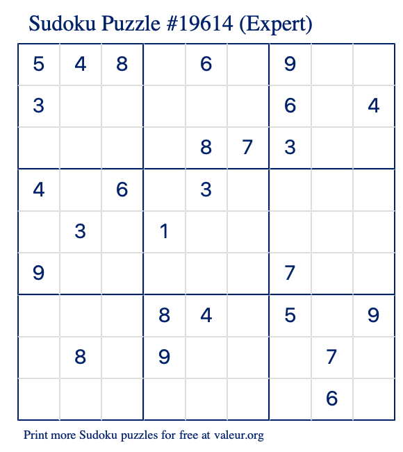 Free Printable Expert Sudoku Puzzle number 19614