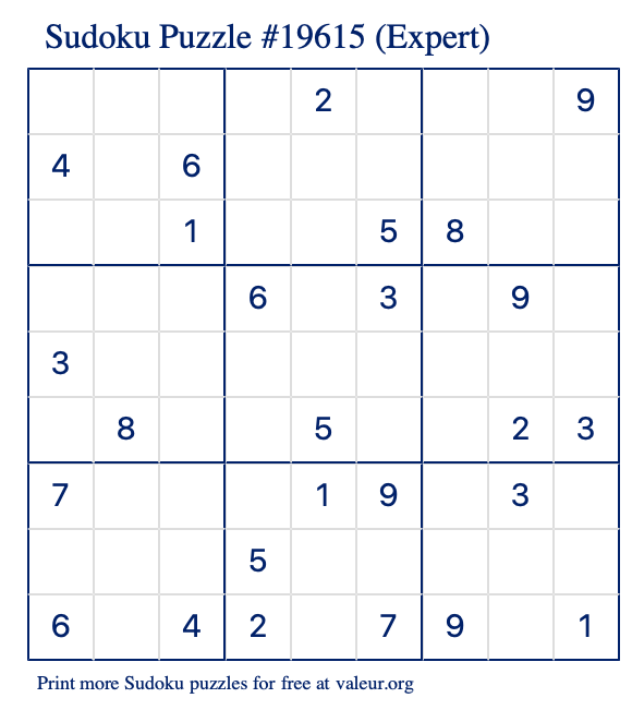 Free Printable Expert Sudoku Puzzle number 19615