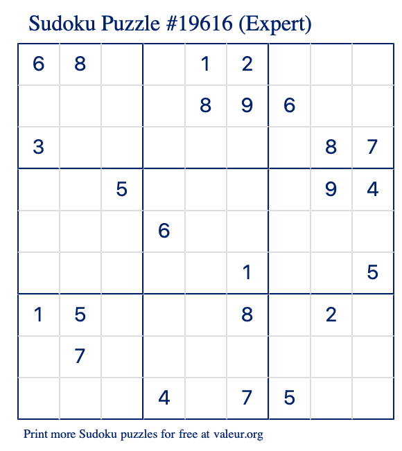 Free Printable Expert Sudoku Puzzle number 19616