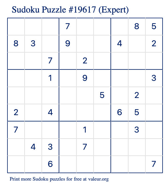 Free Printable Expert Sudoku Puzzle number 19617
