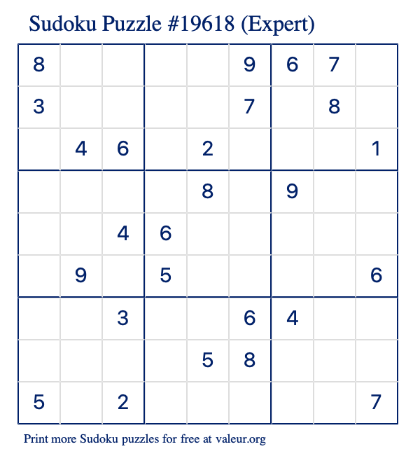 Free Printable Expert Sudoku Puzzle number 19618