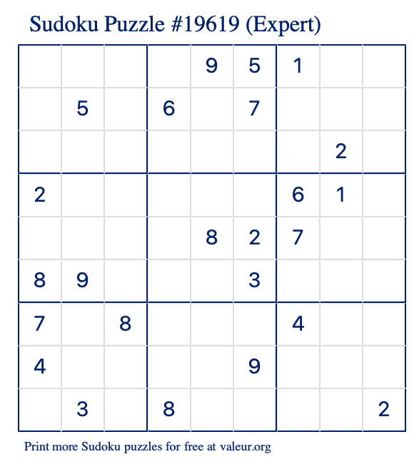 Free Printable Expert Sudoku Puzzle number 19619