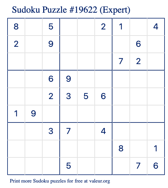Free Printable Expert Sudoku Puzzle number 19622