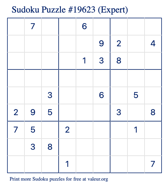 Free Printable Expert Sudoku Puzzle number 19623