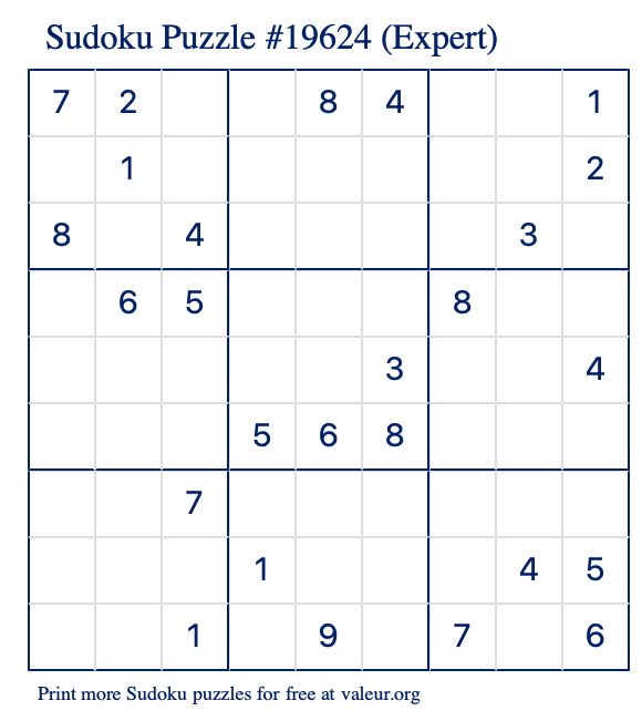 Free Printable Expert Sudoku Puzzle number 19624