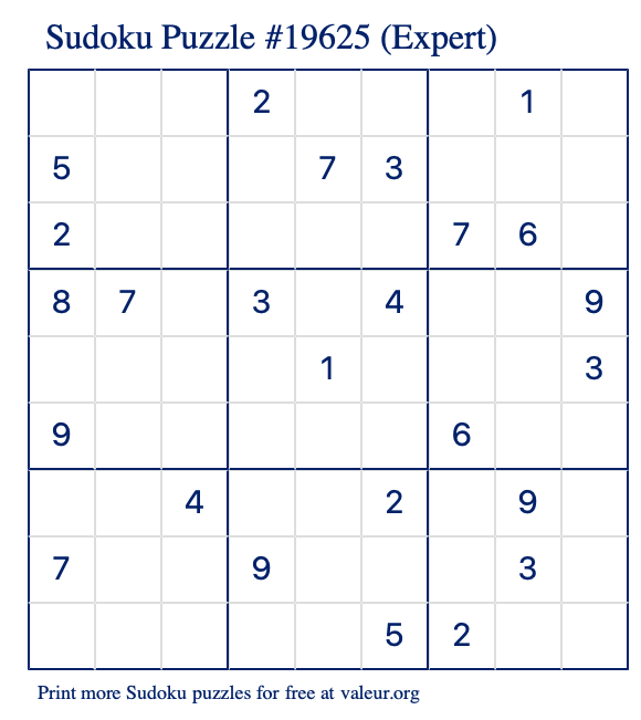 Free Printable Expert Sudoku Puzzle number 19625