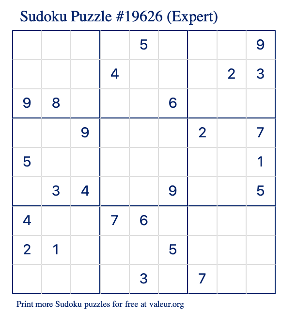 Free Printable Expert Sudoku Puzzle number 19626