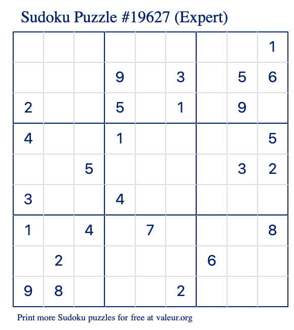Free Printable Expert Sudoku Puzzle number 19627