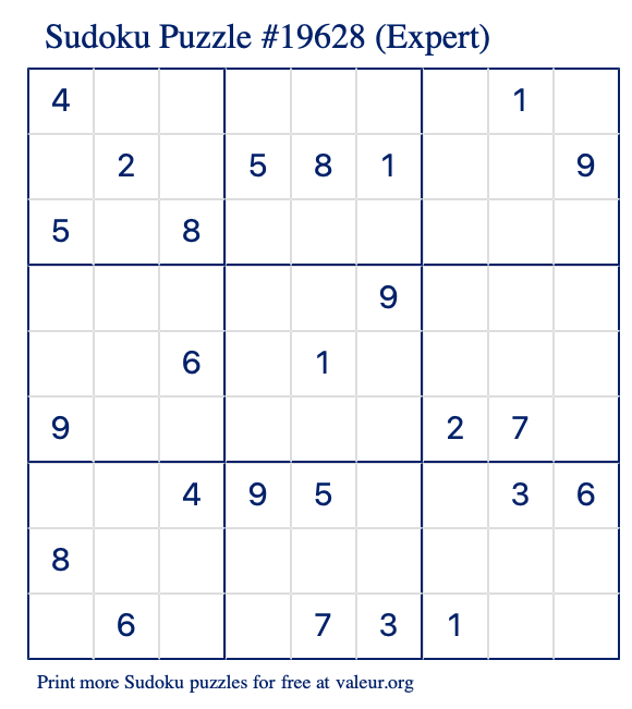 Free Printable Expert Sudoku Puzzle number 19628