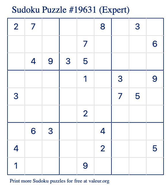Free Printable Expert Sudoku Puzzle number 19631