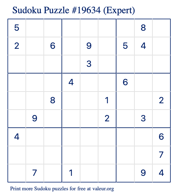 Free Printable Expert Sudoku Puzzle number 19634