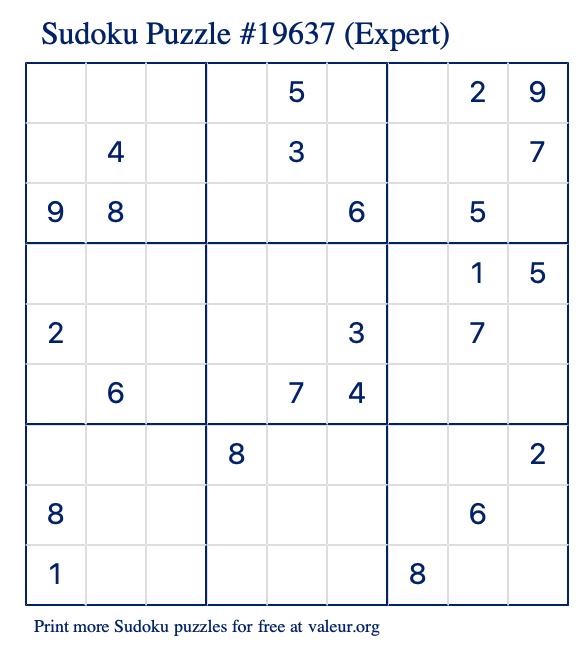 Free Printable Expert Sudoku Puzzle number 19637