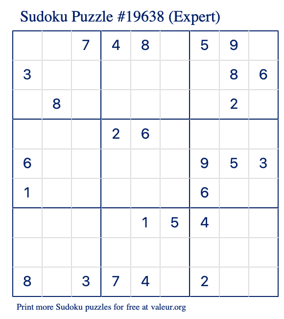 Free Printable Expert Sudoku Puzzle number 19638