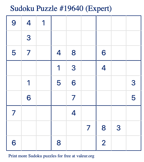 Free Printable Expert Sudoku Puzzle number 19640