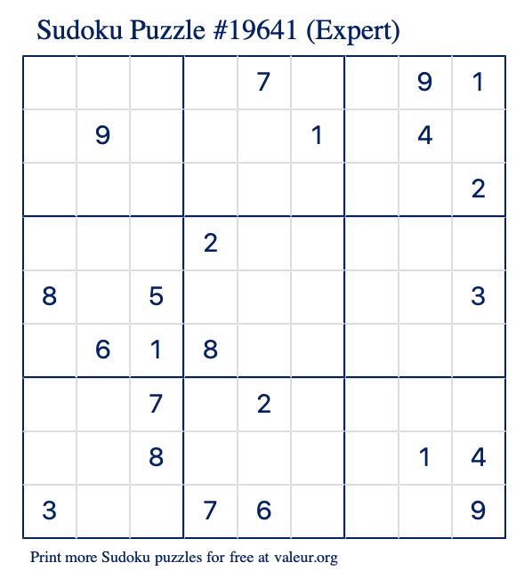 Free Printable Expert Sudoku Puzzle number 19641