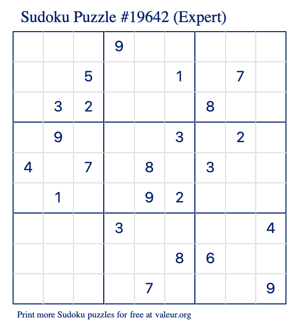 Free Printable Expert Sudoku Puzzle number 19642