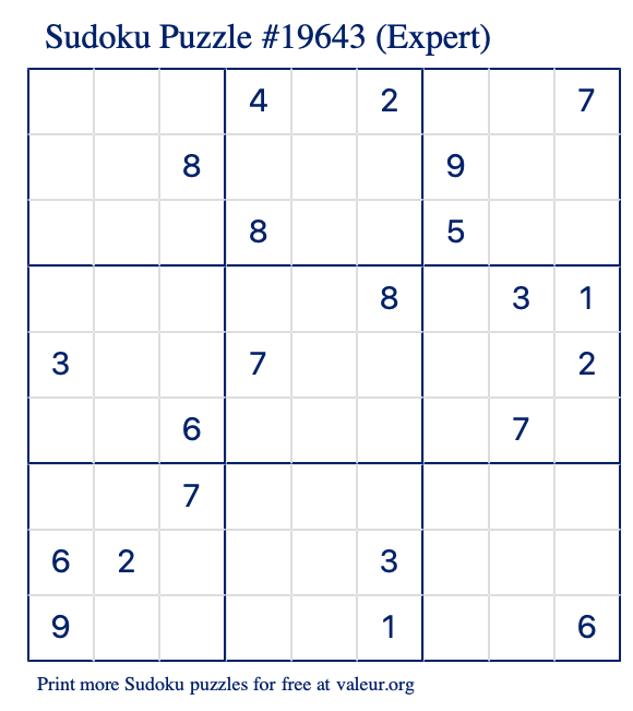 Free Printable Expert Sudoku Puzzle number 19643