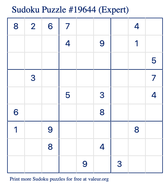 Free Printable Expert Sudoku Puzzle number 19644