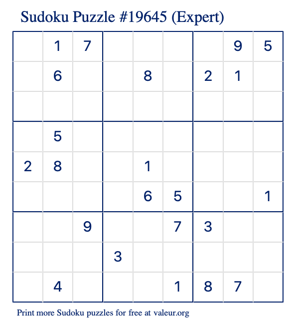 Free Printable Expert Sudoku Puzzle number 19645