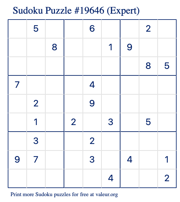 Free Printable Expert Sudoku Puzzle number 19646