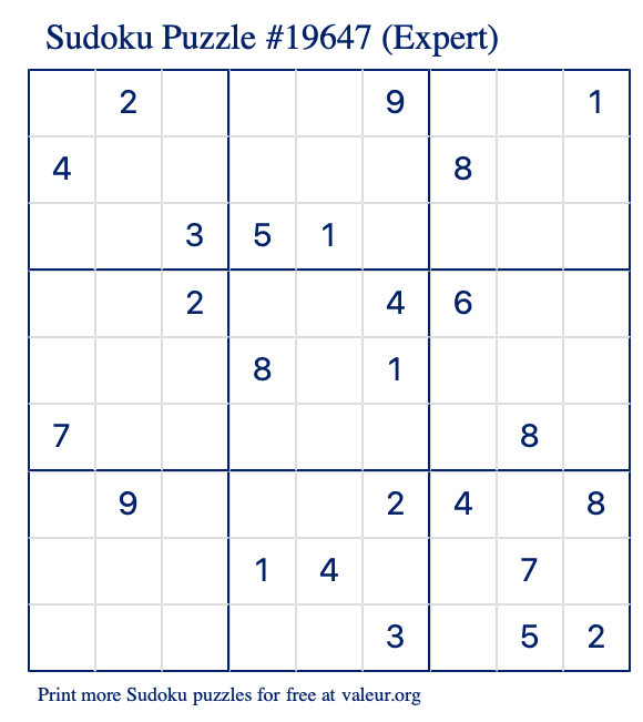 Free Printable Expert Sudoku Puzzle number 19647