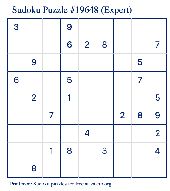 Free Printable Expert Sudoku Puzzle number 19648