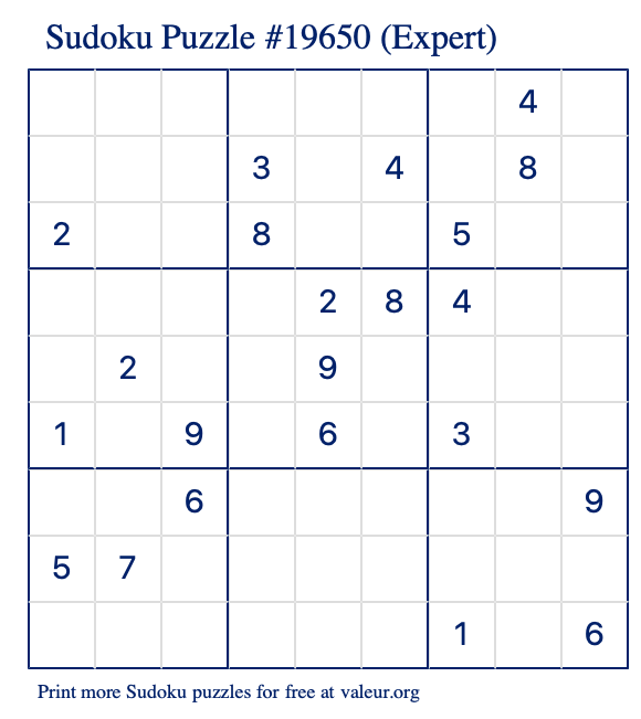 Free Printable Expert Sudoku Puzzle number 19650