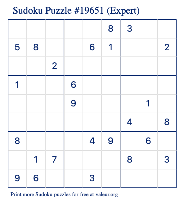 Free Printable Expert Sudoku Puzzle number 19651