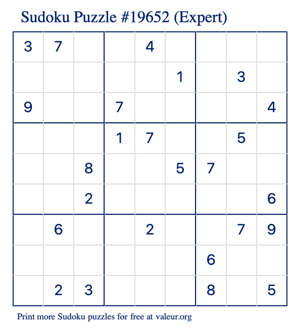 Free Printable Expert Sudoku Puzzle number 19652