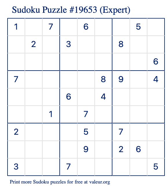Free Printable Expert Sudoku Puzzle number 19653