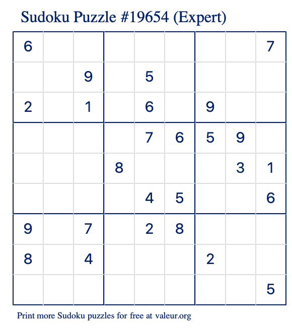 Free Printable Expert Sudoku Puzzle number 19654