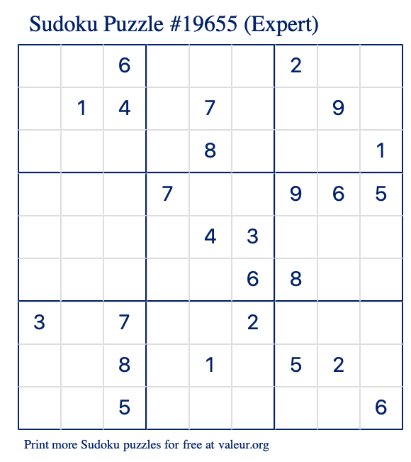 Free Printable Expert Sudoku Puzzle number 19655