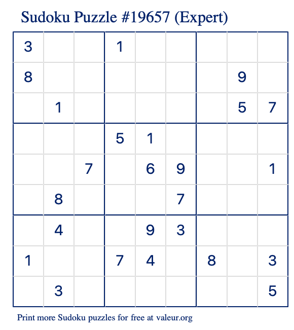 Free Printable Expert Sudoku Puzzle number 19657