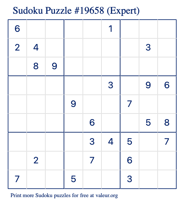 Free Printable Expert Sudoku Puzzle number 19658