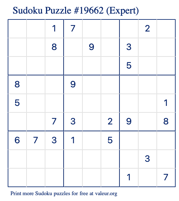 Free Printable Expert Sudoku Puzzle number 19662