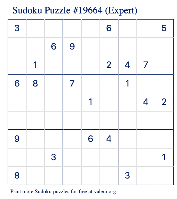 Free Printable Expert Sudoku Puzzle number 19664