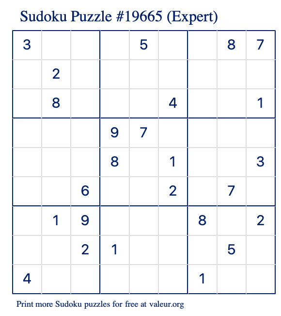 Free Printable Expert Sudoku Puzzle number 19665
