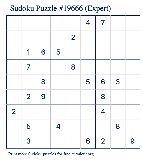Free Printable Expert Sudoku Puzzle number 19666