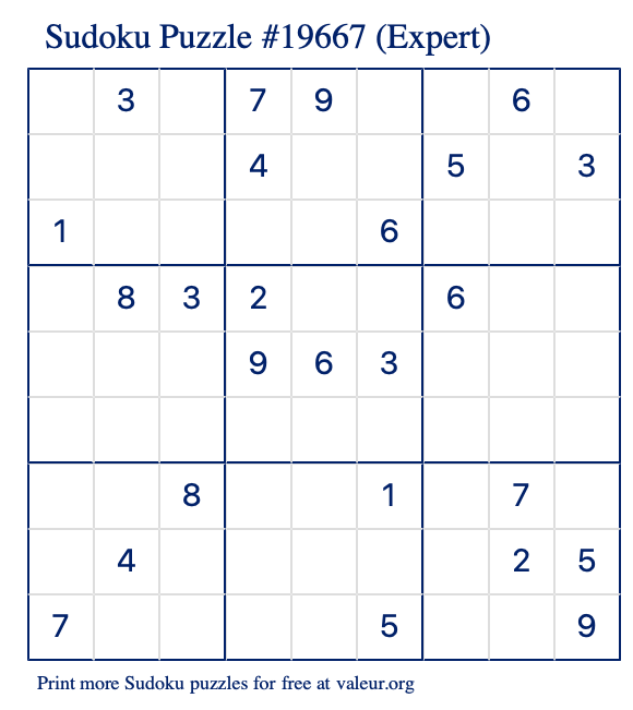 Free Printable Expert Sudoku Puzzle number 19667