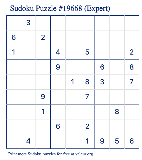 Free Printable Expert Sudoku Puzzle number 19668