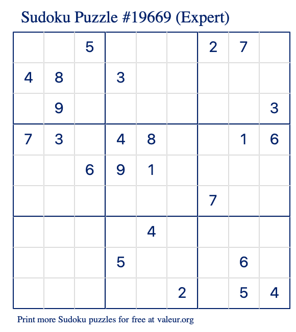 Free Printable Expert Sudoku Puzzle number 19669