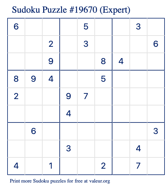 Free Printable Expert Sudoku Puzzle number 19670