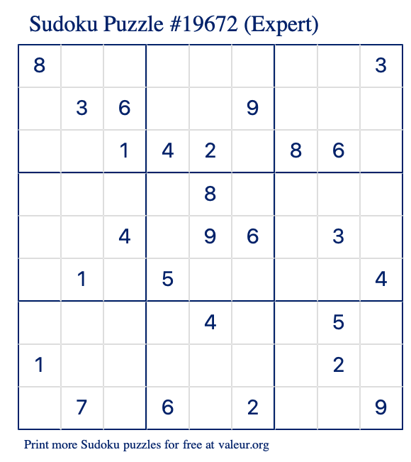 Free Printable Expert Sudoku Puzzle number 19672