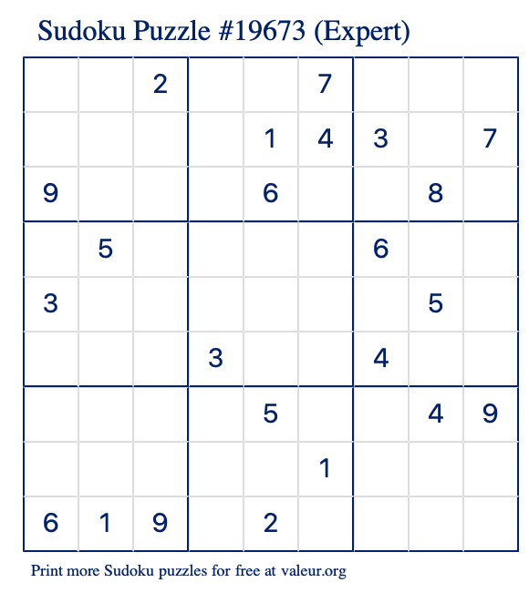 Free Printable Expert Sudoku Puzzle number 19673
