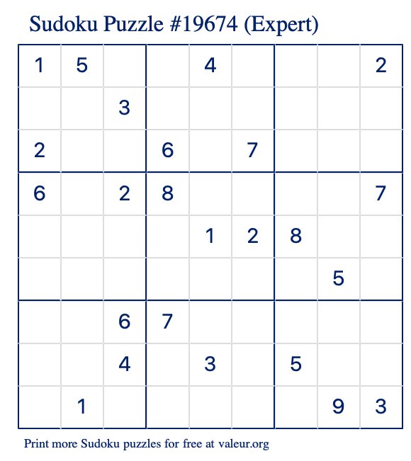 Free Printable Expert Sudoku Puzzle number 19674