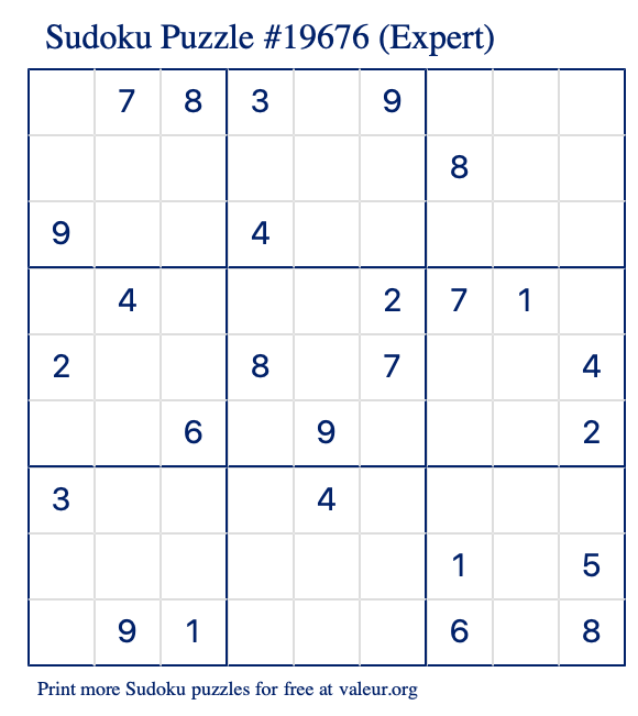 Free Printable Expert Sudoku Puzzle number 19676