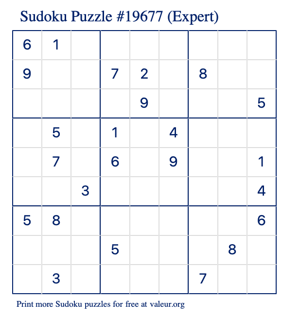 Free Printable Expert Sudoku Puzzle number 19677