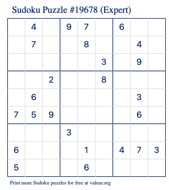 Free Printable Expert Sudoku Puzzle number 19678