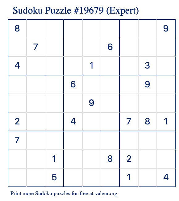 Free Printable Expert Sudoku Puzzle number 19679