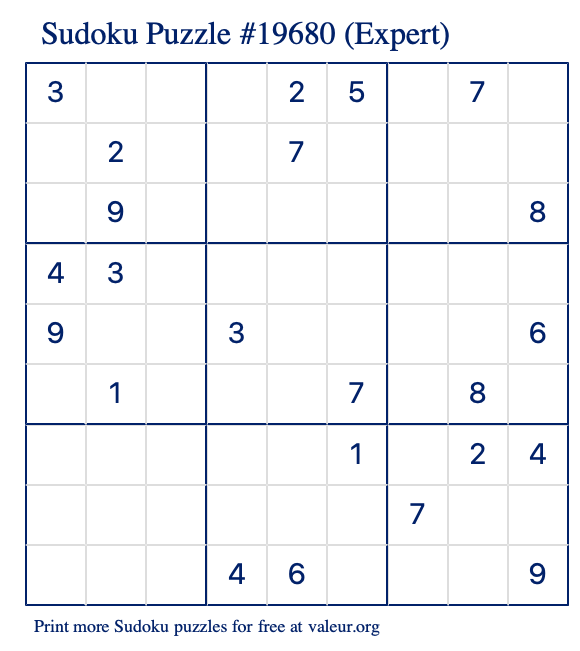 Free Printable Expert Sudoku Puzzle number 19680